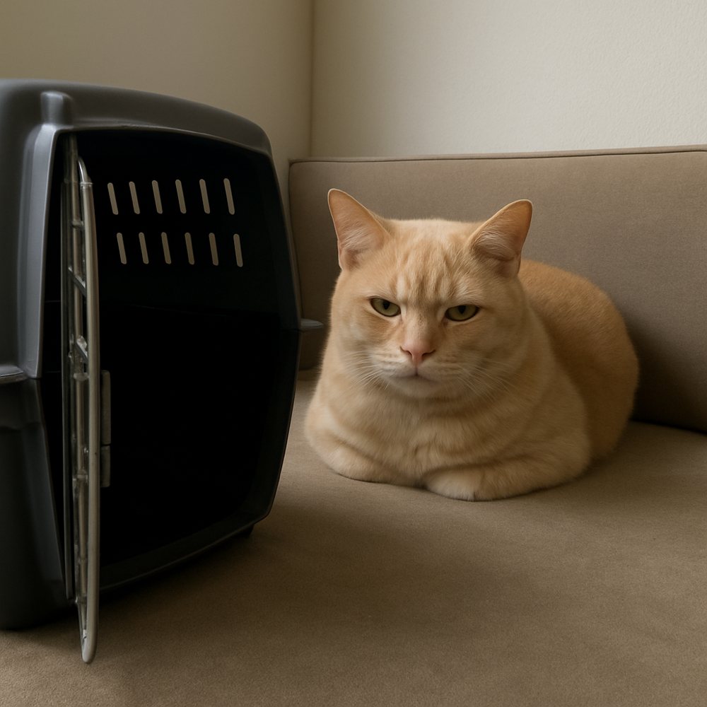 A beige short-haired cat pressed into the corner of a couch, staring unblinking at the camera, with an open grey plastic pet carrier sitting out of focus in the foreground