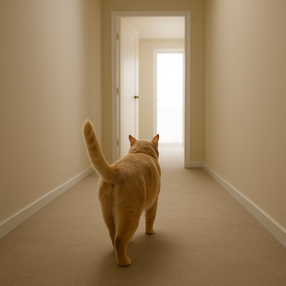 The same cat seen from behind, walking down a hallway toward an open door with morning light