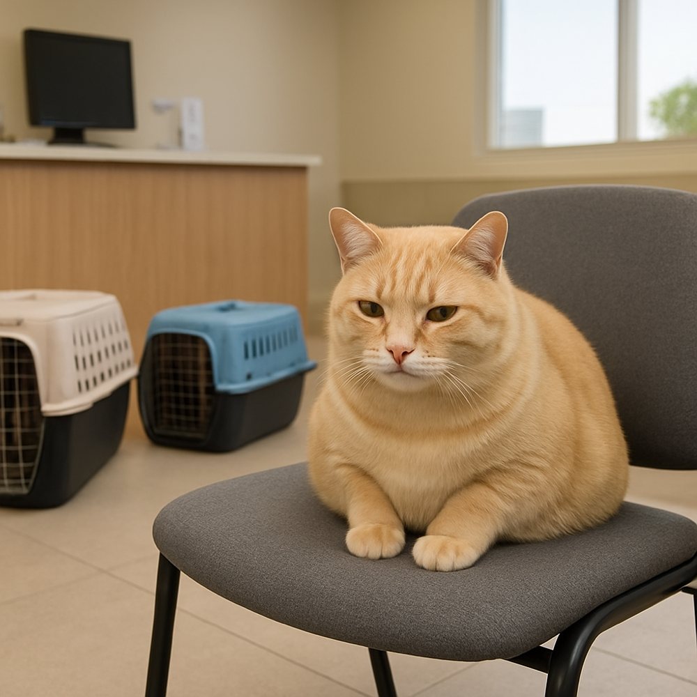The same cat sitting on a chair in a vet's waiting room, other pet carriers visible on the floor behind it